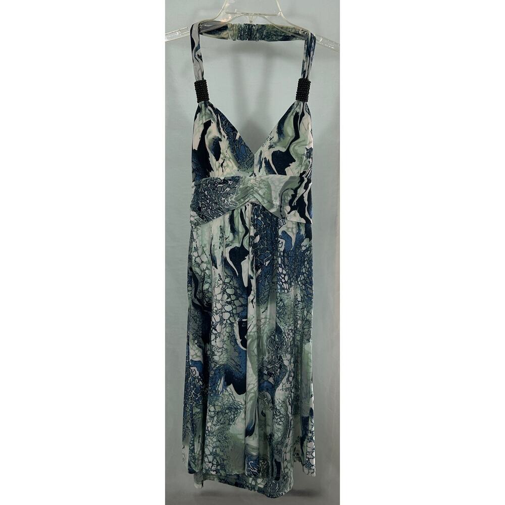 Cristinalove Abstract Blue Marble Print Halter Dress with Beaded Strap – Size L